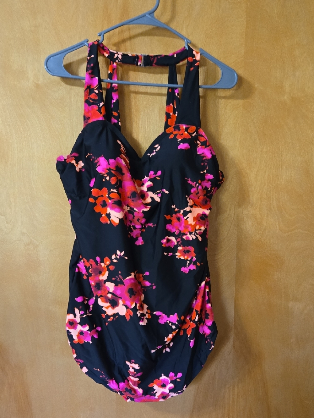 Womens Meet curve Floral One-Piece Swimsuit - Black with Pink & Orange Flowers